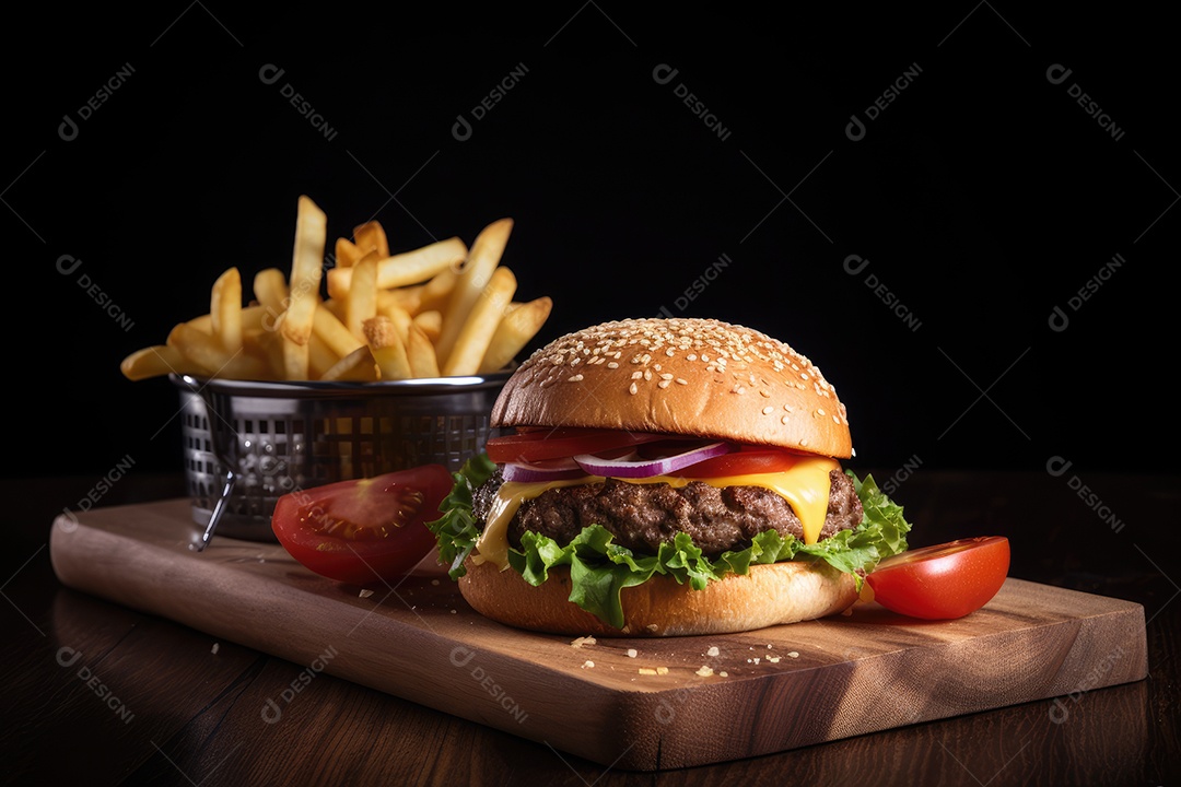 Hambúrguer artesanal suculento com fritas crocantes.