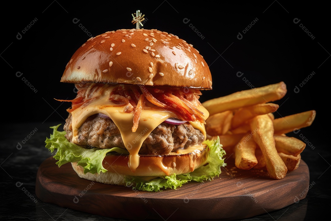 Hambúrguer artesanal suculento com fritas crocantes.