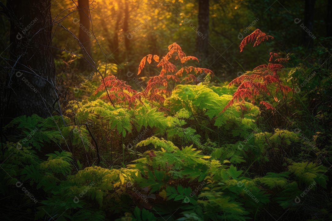 Mosaico vibrante de folhas e flores silvestres na floresta.