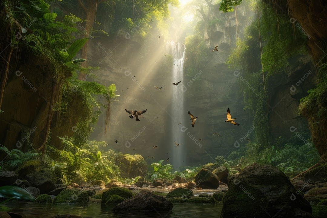 Cachoeira cercada por vegetação, borboletas e pássaros.