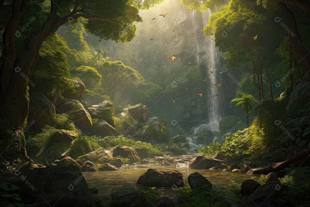 Cachoeira cercada por vegetação, borboletas e pássaros.