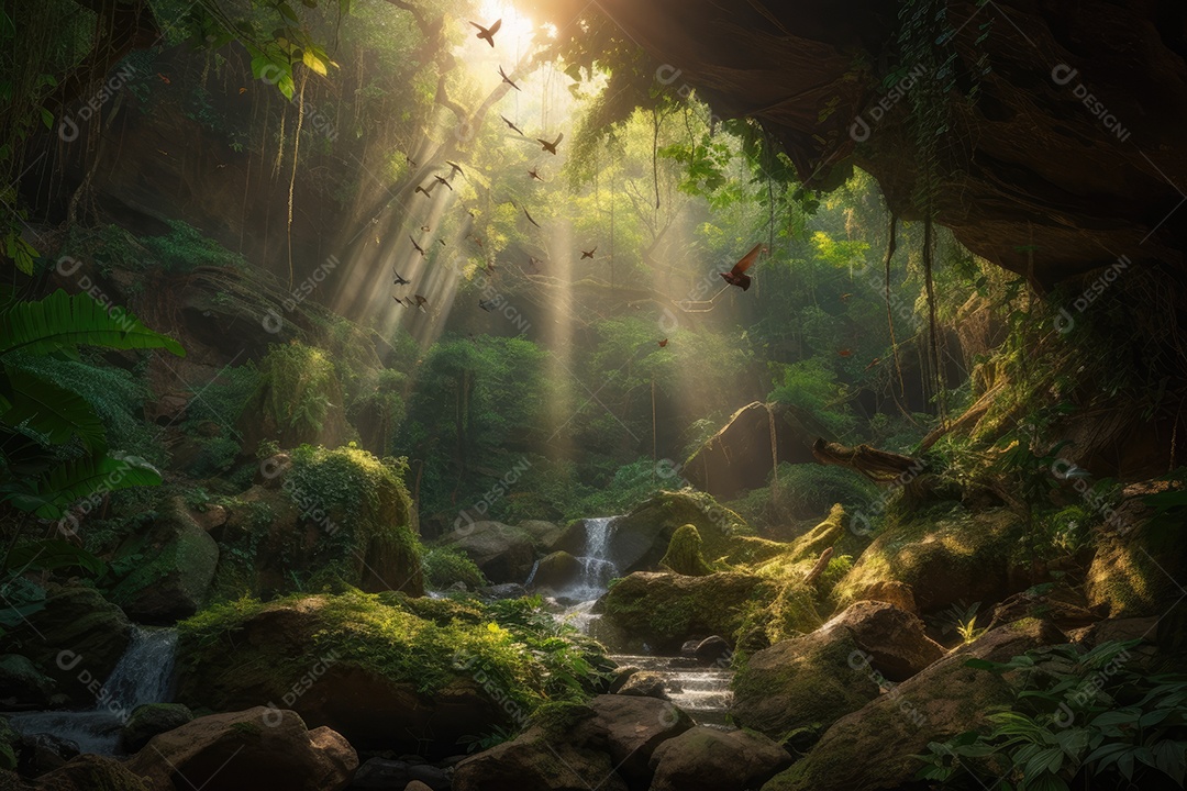 Cachoeira cercada por vegetação, borboletas e pássaros.