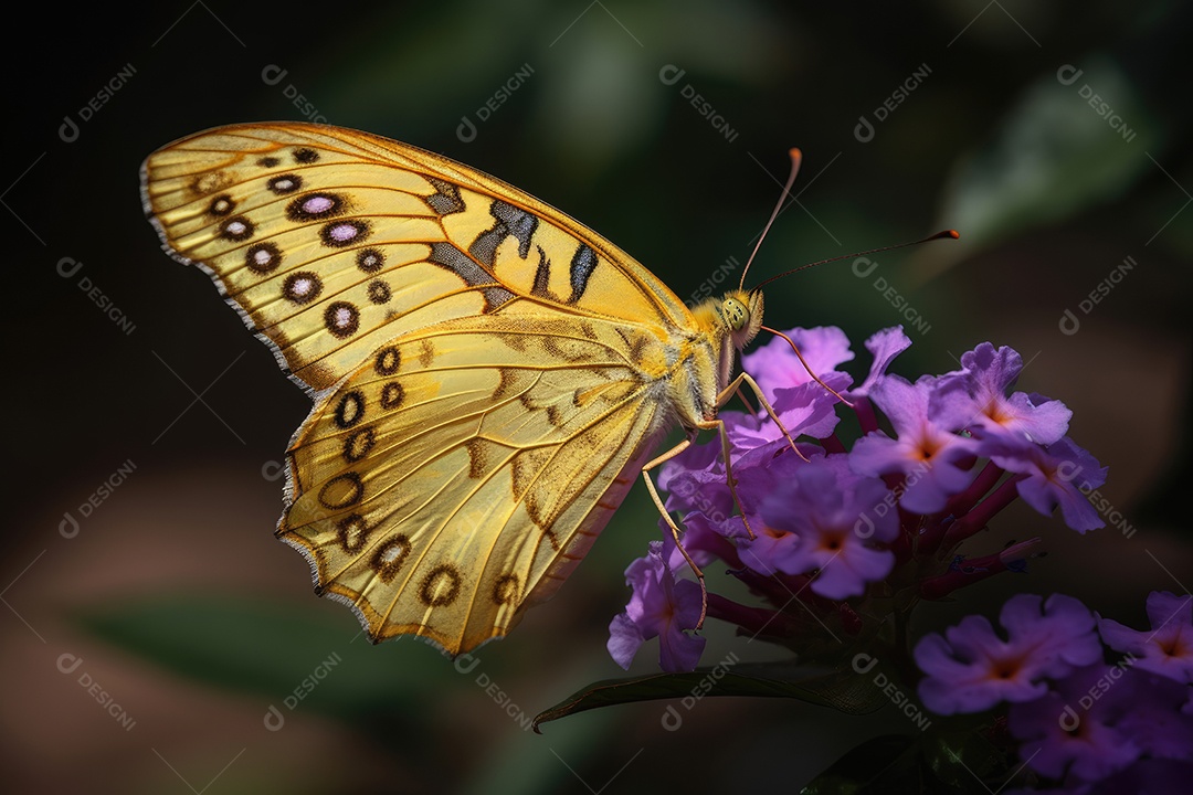 Borboleta amarela pousando em flor violeta. Serenidade natural.