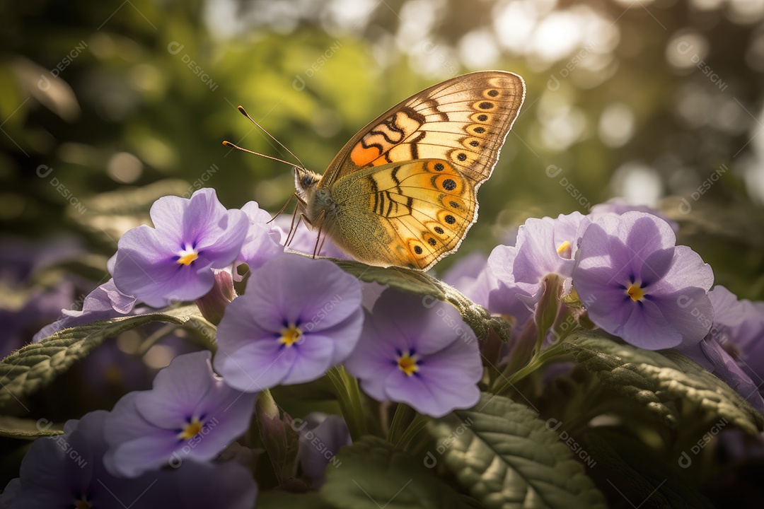 Borboleta amarela pousando em flor violeta. Serenidade natural.