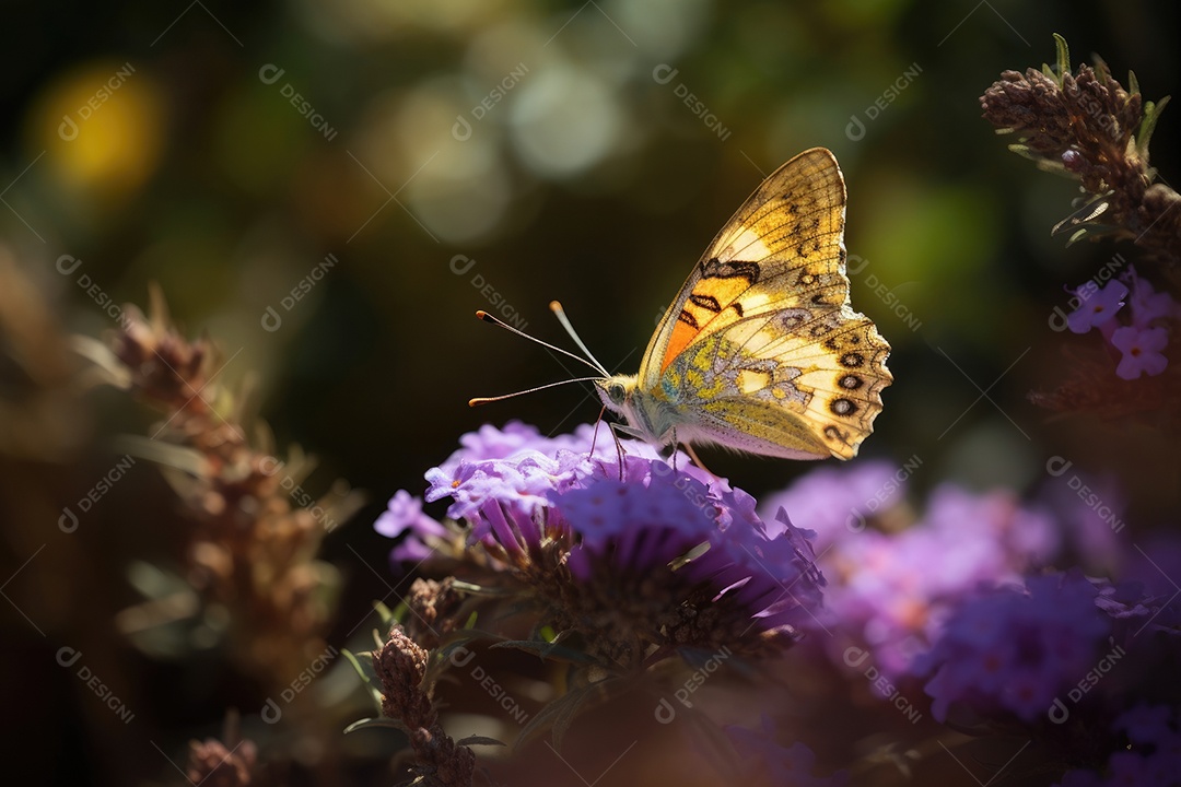 Borboleta amarela pousando em flor violeta. Serenidade natural.