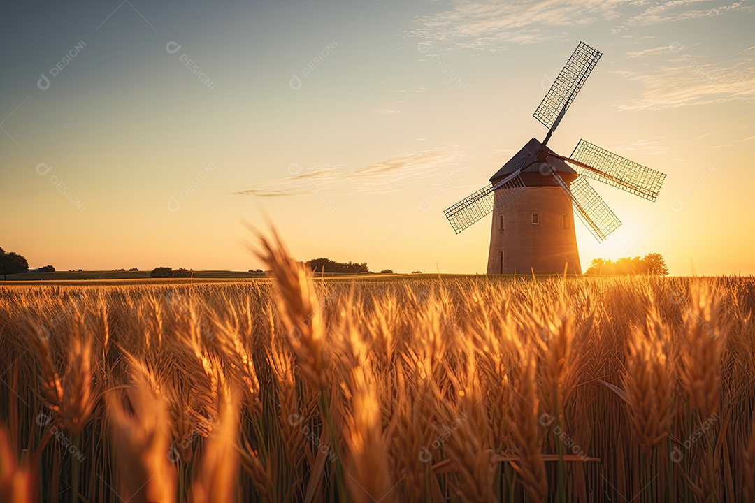 Campo de trigo dourado, moinho ao fundo. Pôr do sol suave
