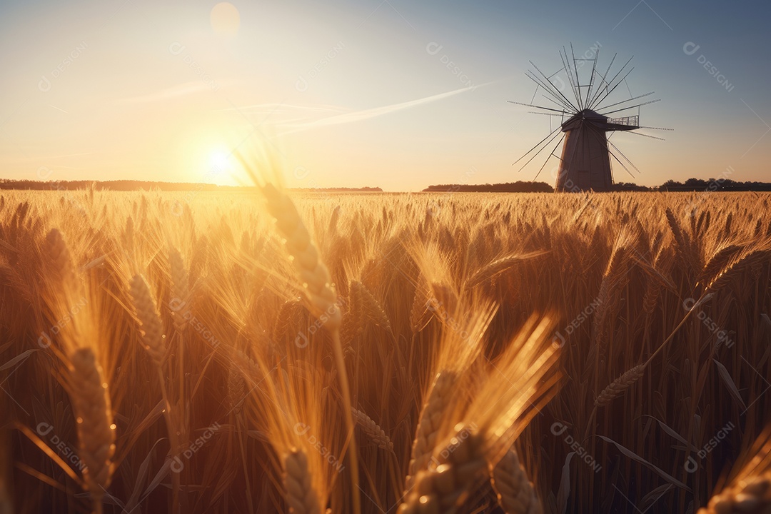 Campo de trigo dourado, moinho ao fundo. Pôr do sol suave