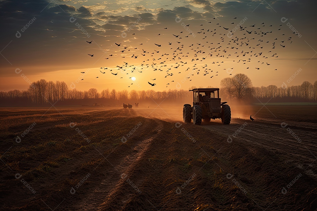 Agricultor trabalhando em campo verde ao pôr do sol.