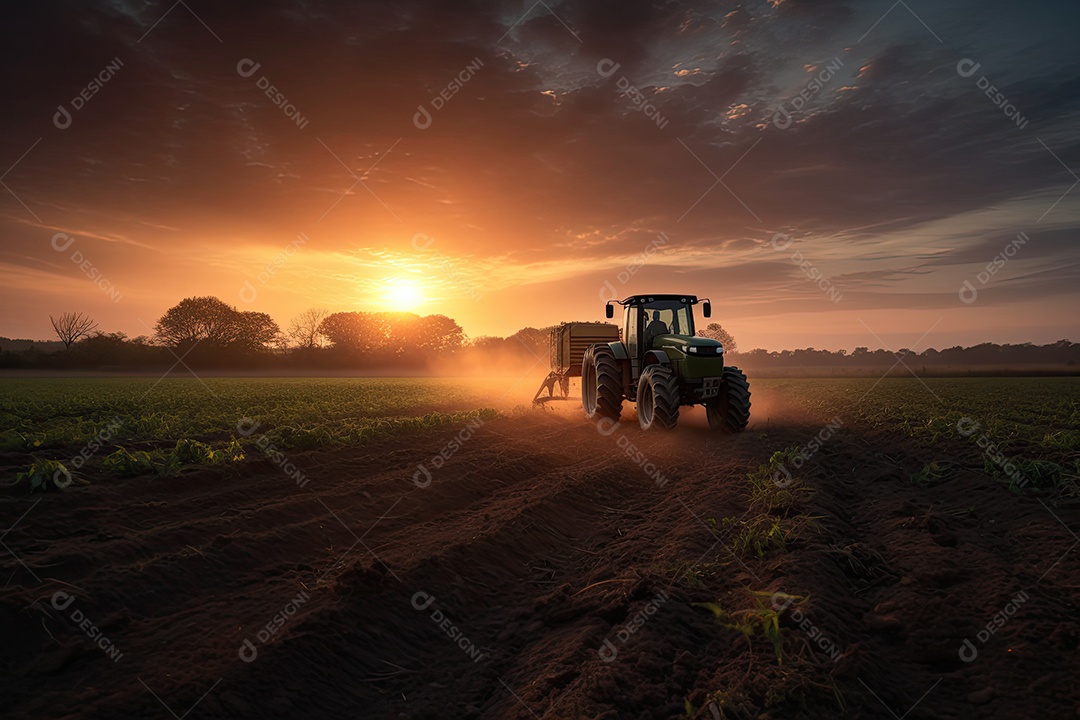 Agricultor trabalhando em campo verde ao pôr do sol.