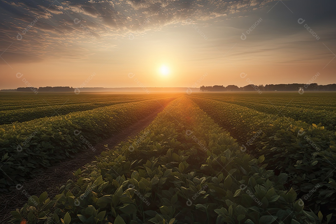 Colheita exuberante de soja ao pôr do sol