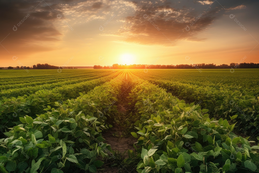 Colheita exuberante de soja ao pôr do sol
