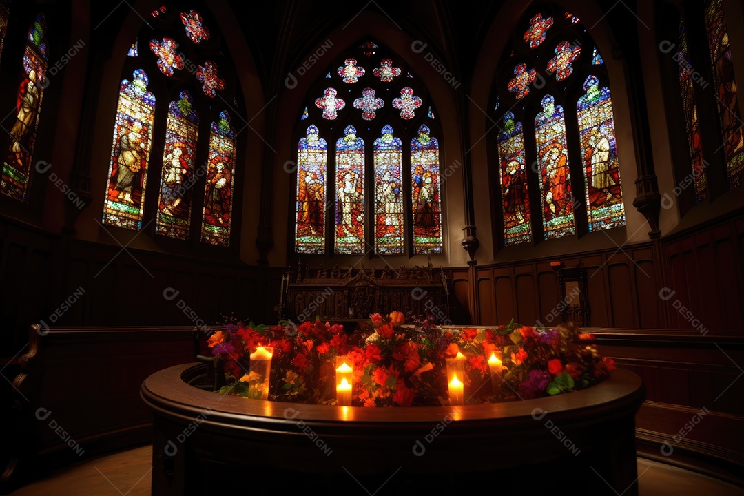 Momento sagrado na igreja: coro, vitrais e adoração.