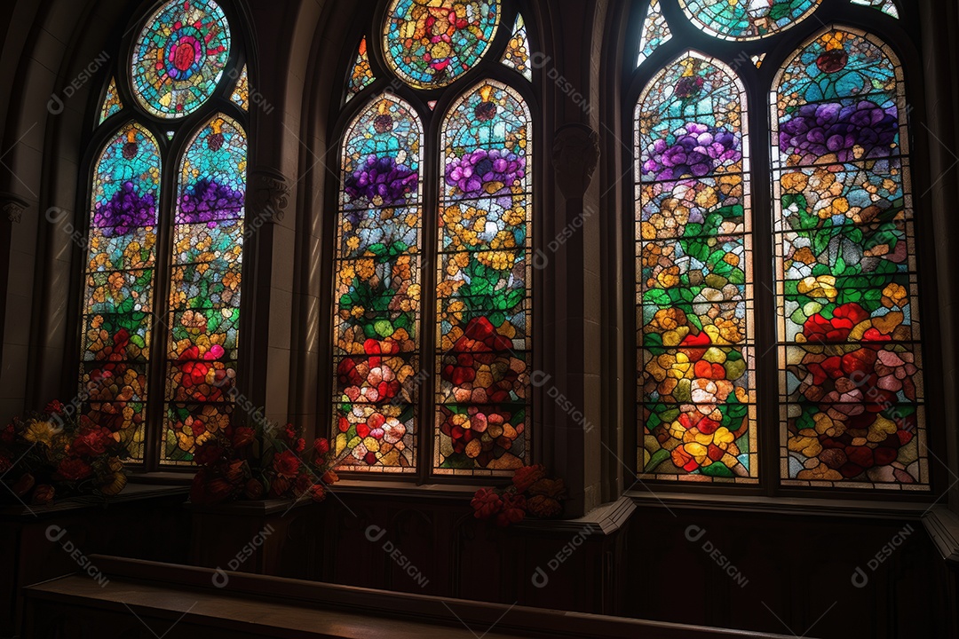 Momento sagrado na igreja: coro, vitrais e adoração.