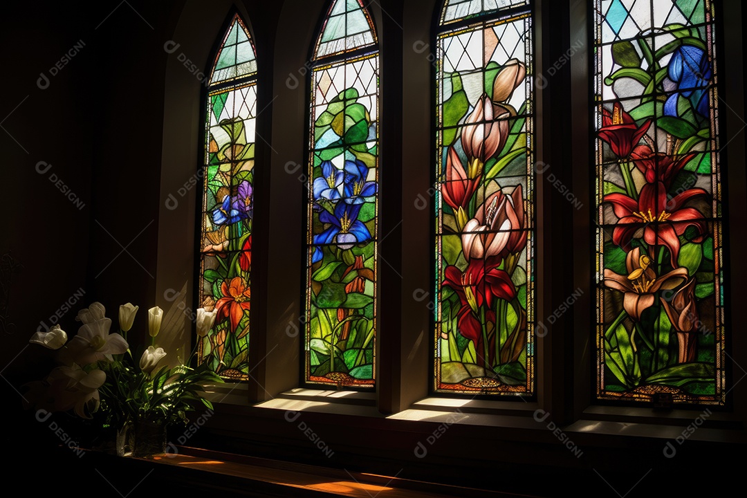 Momento sagrado na igreja: coro, vitrais e adoração