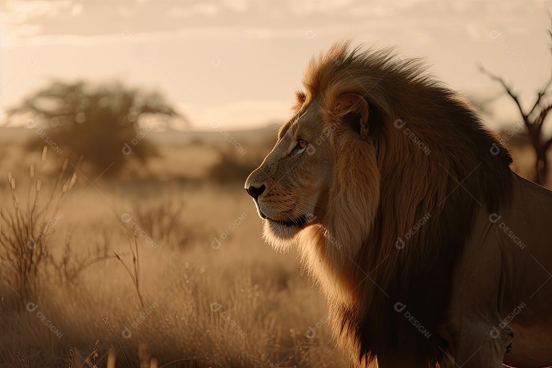 Leão majestoso reina na savana dourada.