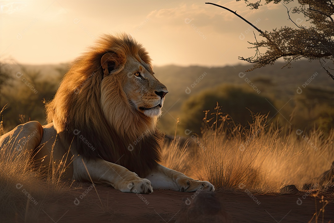 Leão majestoso reina na savana dourada.
