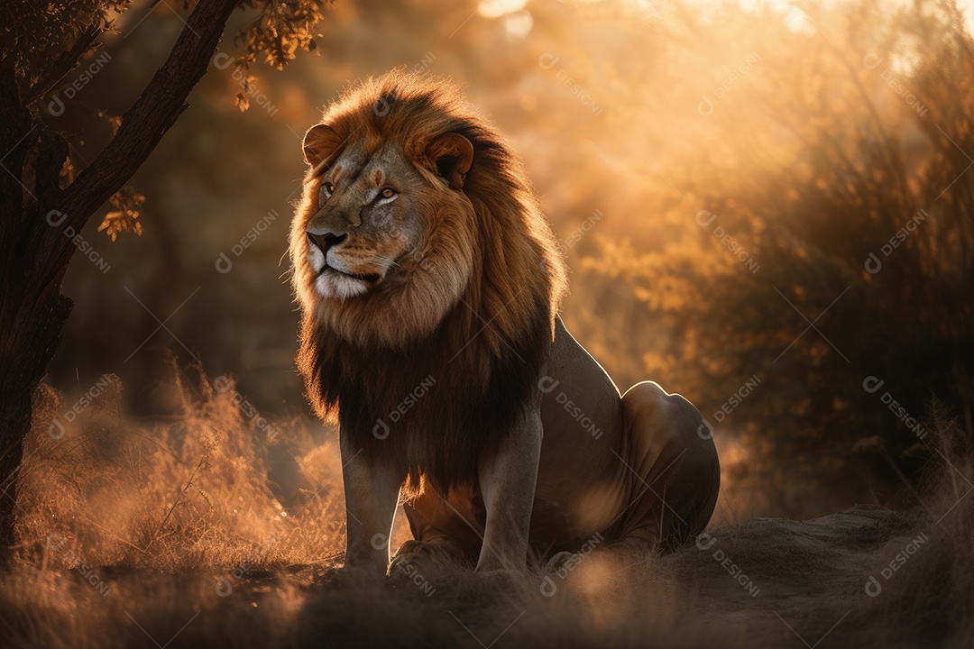 Leão majestoso reina na savana dourada.