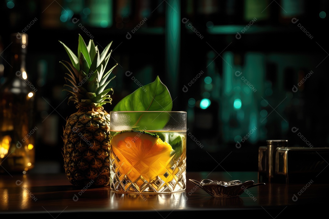 Coquetel exótico brilha em bar sofisticado.