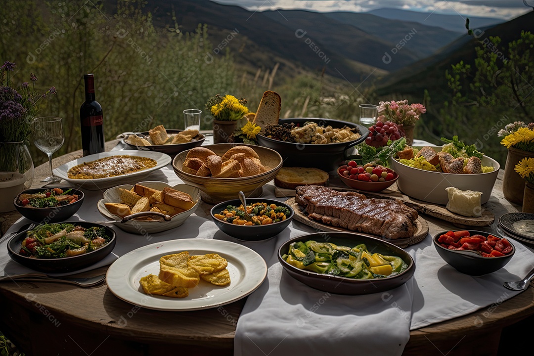 Banquete suculento: carnes, legumes, molhos e doces tentadores compõem a mesa