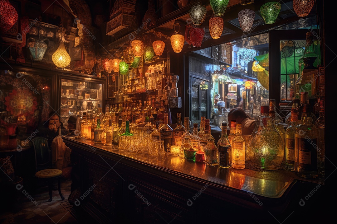 Mesa de bar à noite cheia de bebidas coloridas e convidativas.