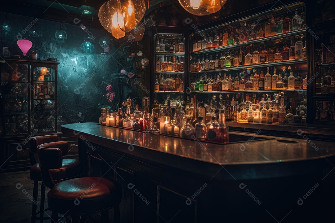 Mesa de bar à noite cheia de bebidas coloridas e convidativas.