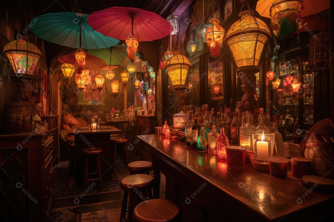 Mesa de bar à noite cheia de bebidas coloridas e convidativas