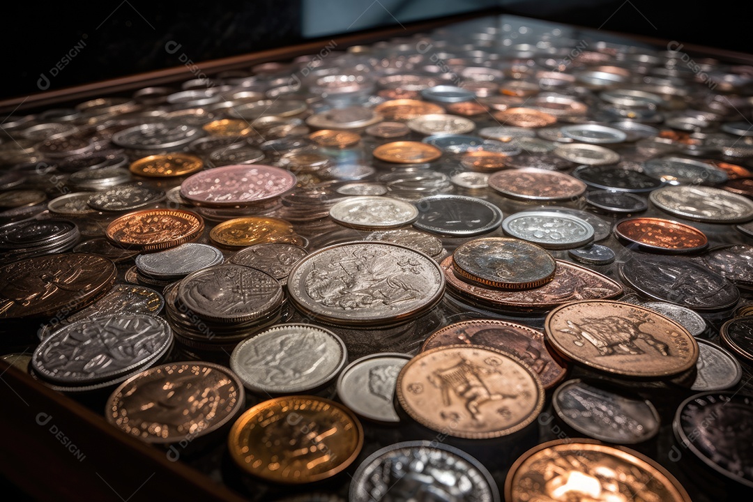 Moedas antigas espalhadas sobre a mesa