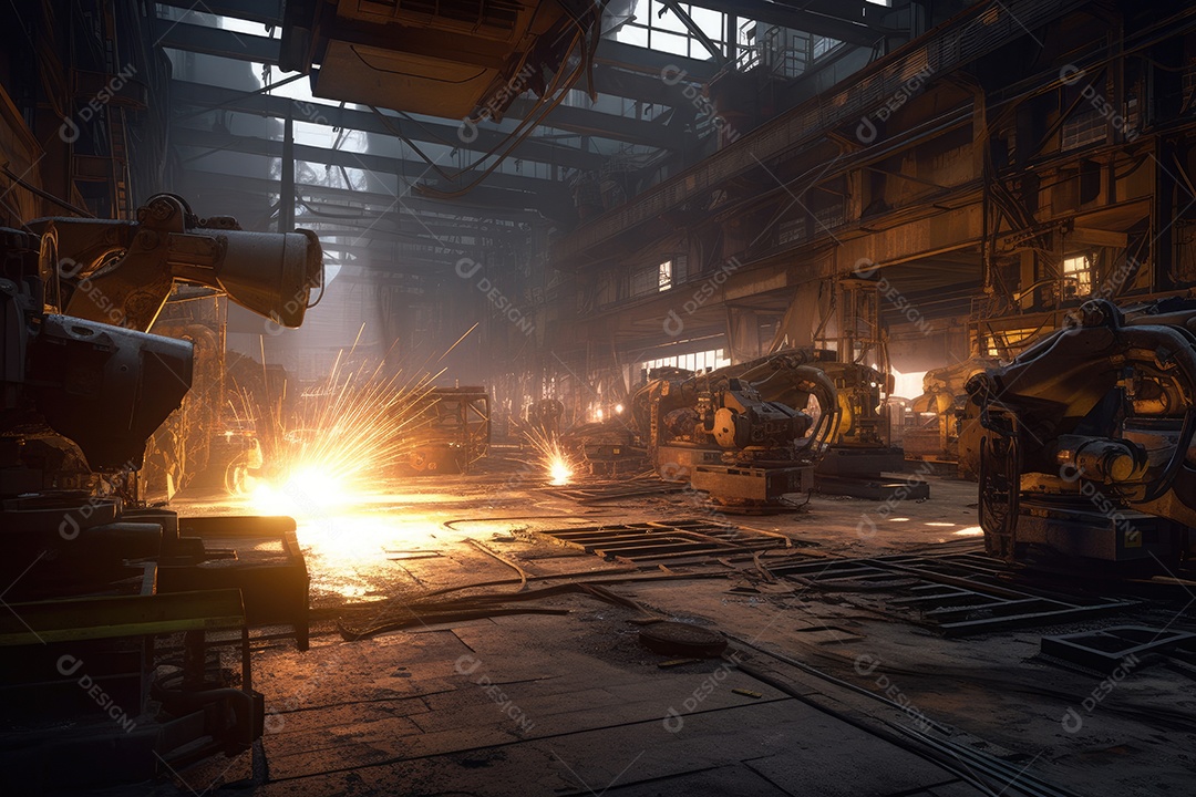 Indústria metalúrgica movimentada, robôs lidando com metal brilhante, monitoramento de engenheiros.