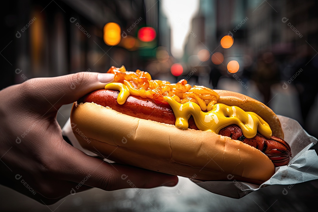 Cachorro-quente irresistível na movimentada rua de Nova York