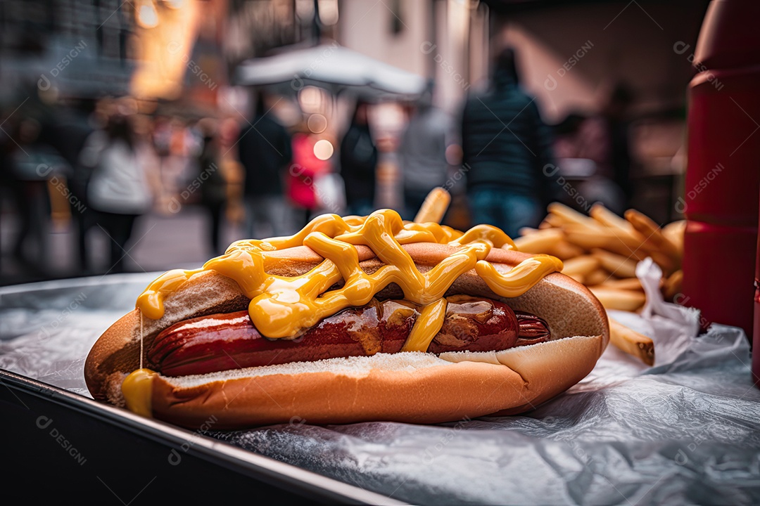Cachorro-quente irresistível na movimentada rua de Nova York