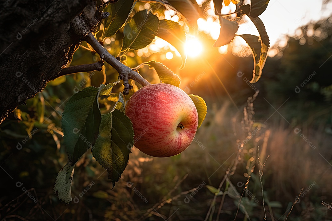 Pôr do sol na fazenda, maçã suculenta sob a macieira.(1)-art-scale-6_00x