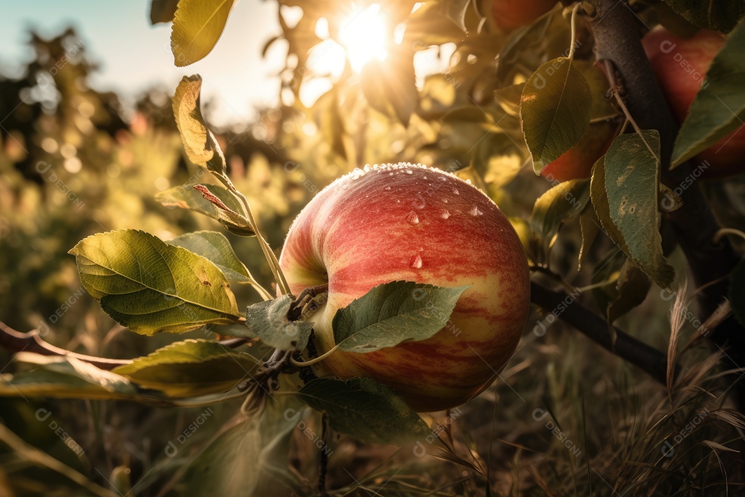 Pôr do sol na fazenda, maçã suculenta sob a macieira