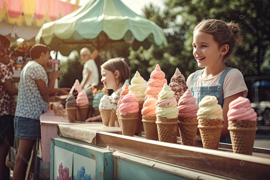 Linda menina vendendo casquinha de sorvete