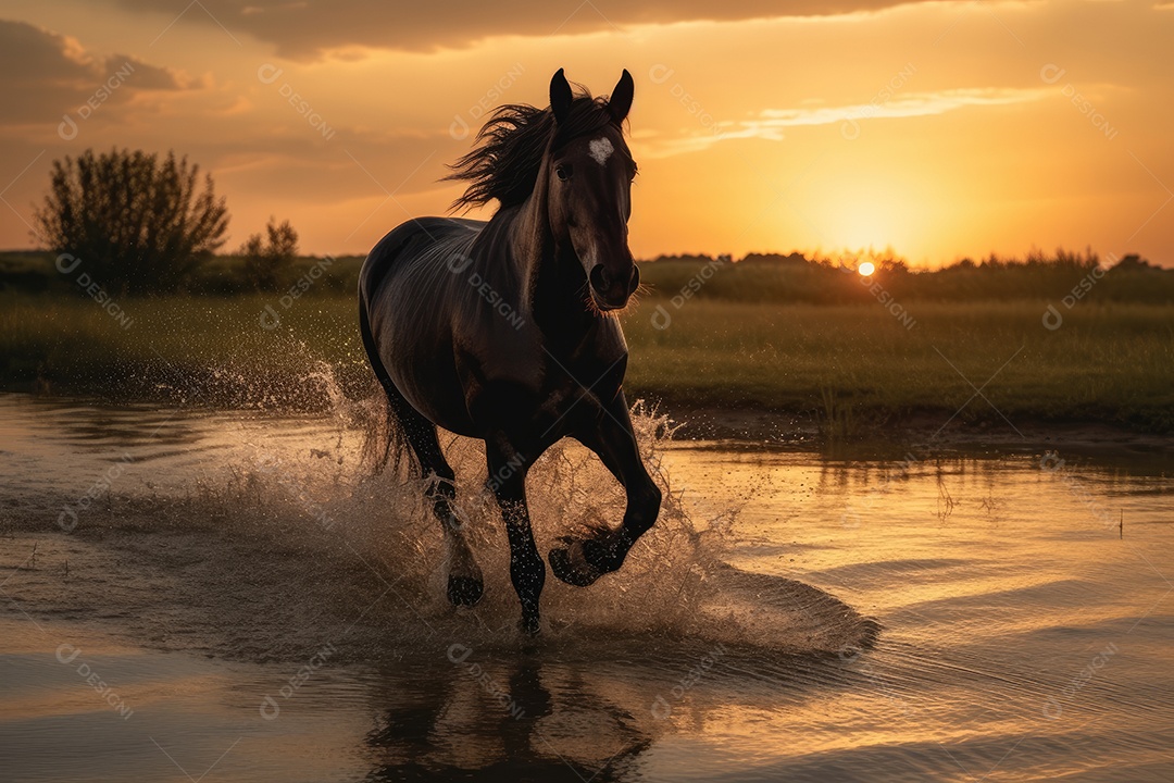 Cavalo preto galopando na planície ao pôr do sol