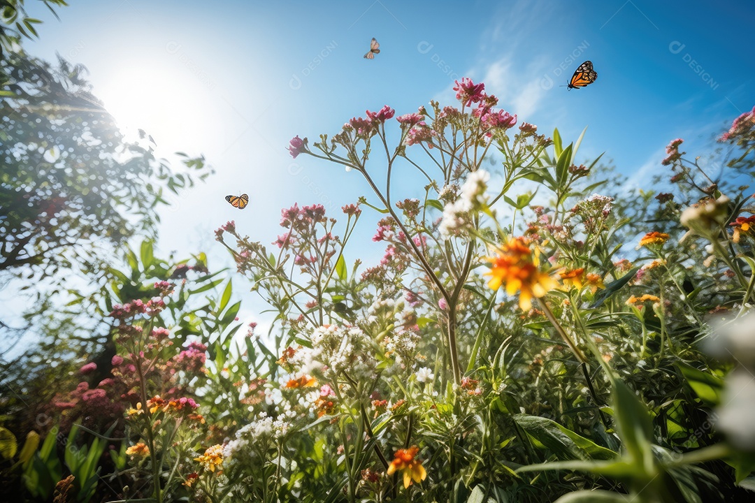 Lindo jardim florido em dia ensolarado
