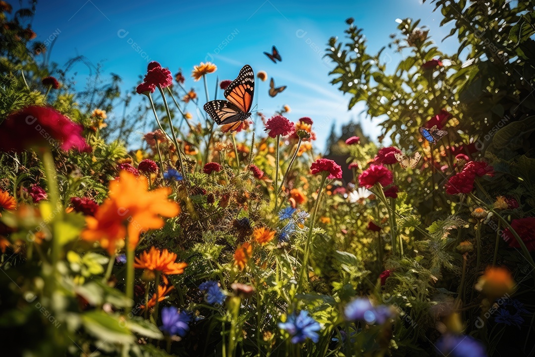 Lindo jardim florido em dia ensolarado