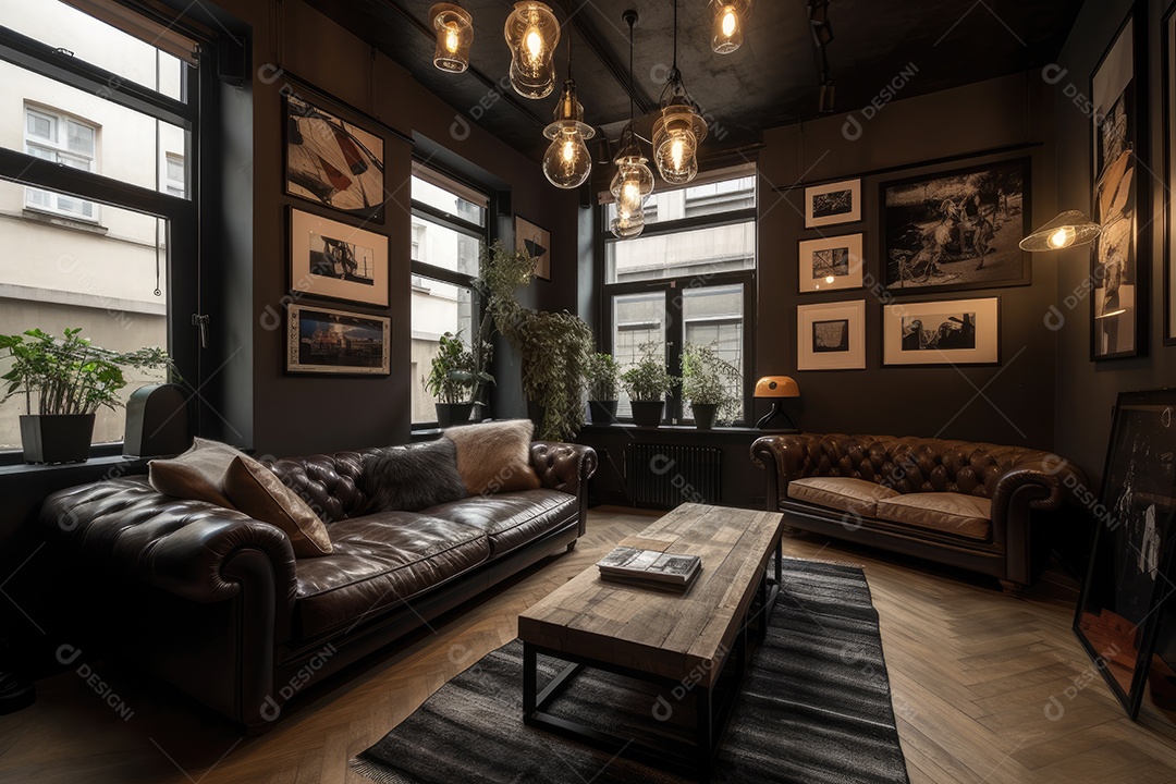 Ambiente rústico-moderno com sofá de couro, obras de arte e lindo jardim