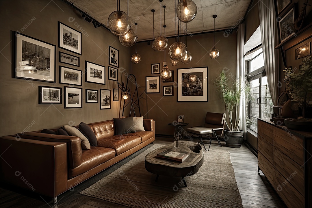 Ambiente rústico-moderno com sofá de couro, obras de arte e lindo jardim