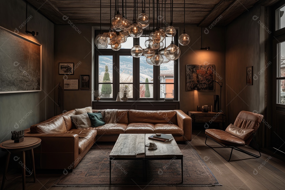 Ambiente rústico-moderno com sofá de couro, obras de arte e lindo jardim