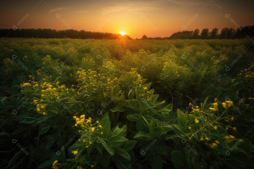 Campo dourado de soja em tarde serena