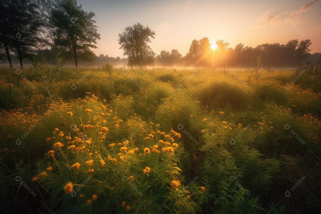 Campo dourado de soja em tarde serena