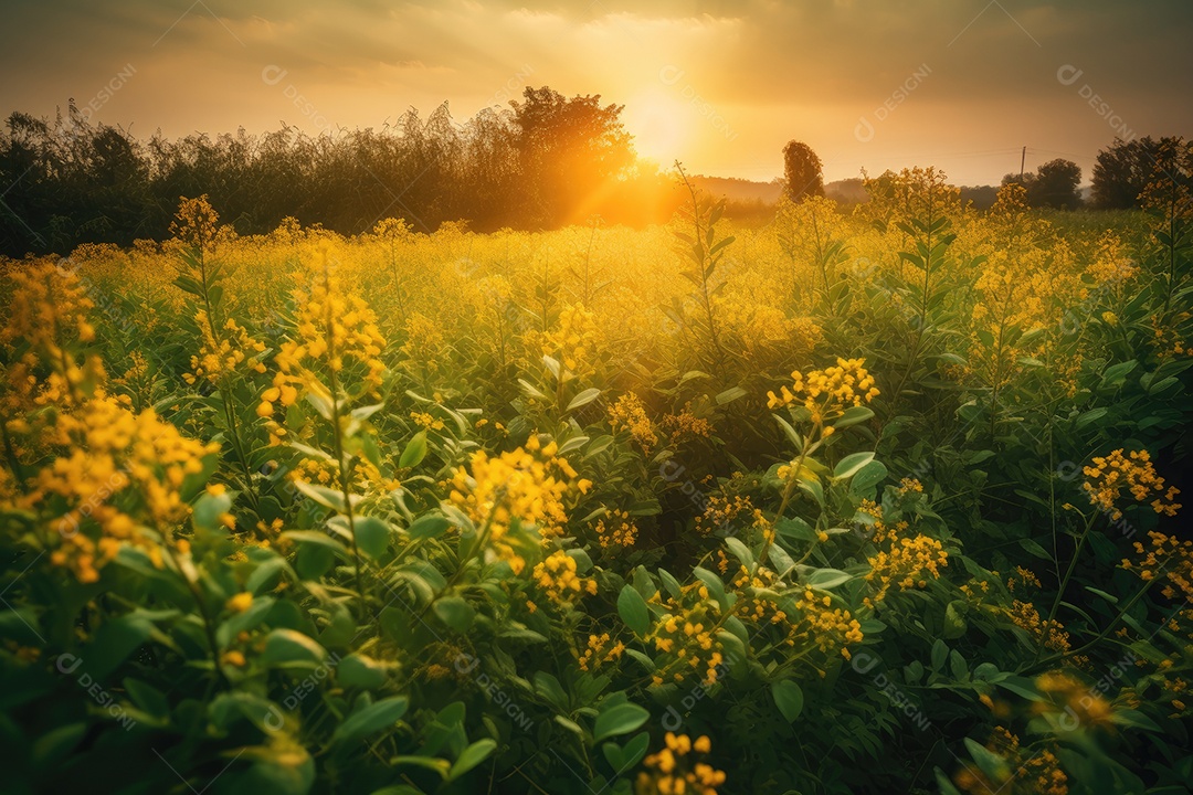 Campo dourado de soja em tarde serena