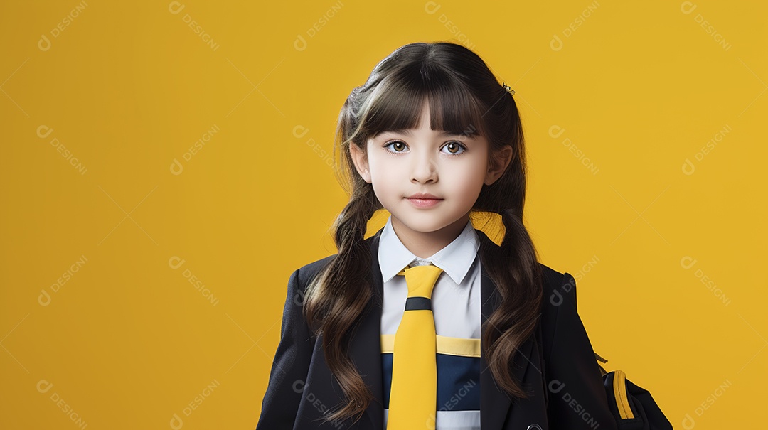 Linda garota estudante em fundo amarelo