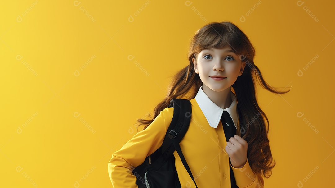 Linda garota estudante em fundo amarelo