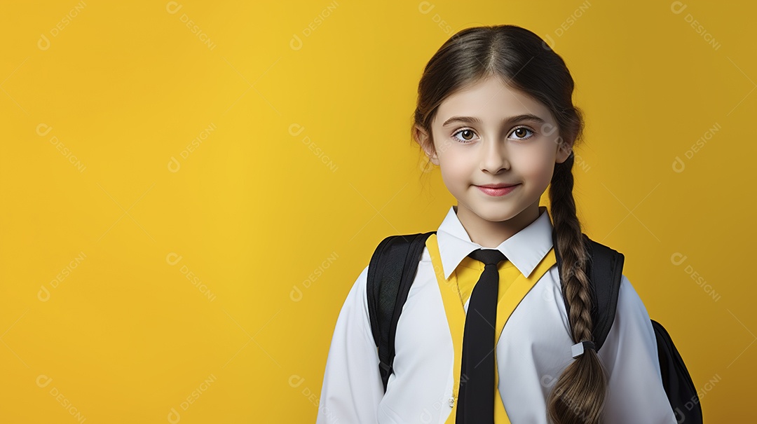 Linda garota estudante em fundo amarelo