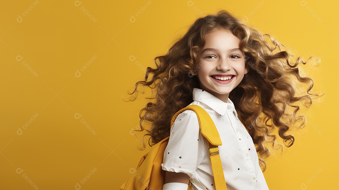 Linda garota estudante em fundo amarelo
