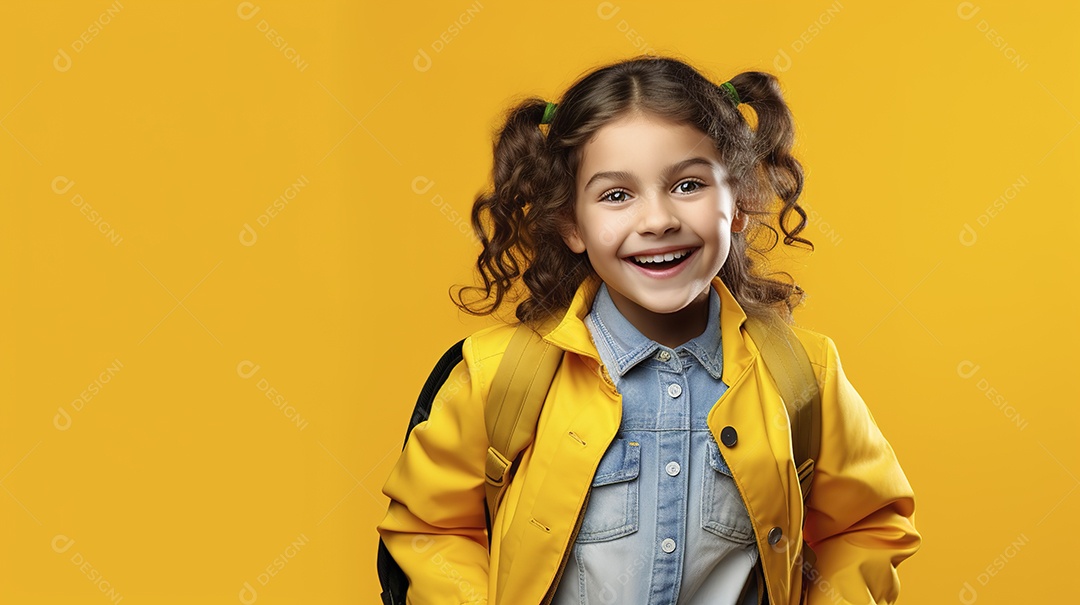Linda garota estudante em fundo amarelo