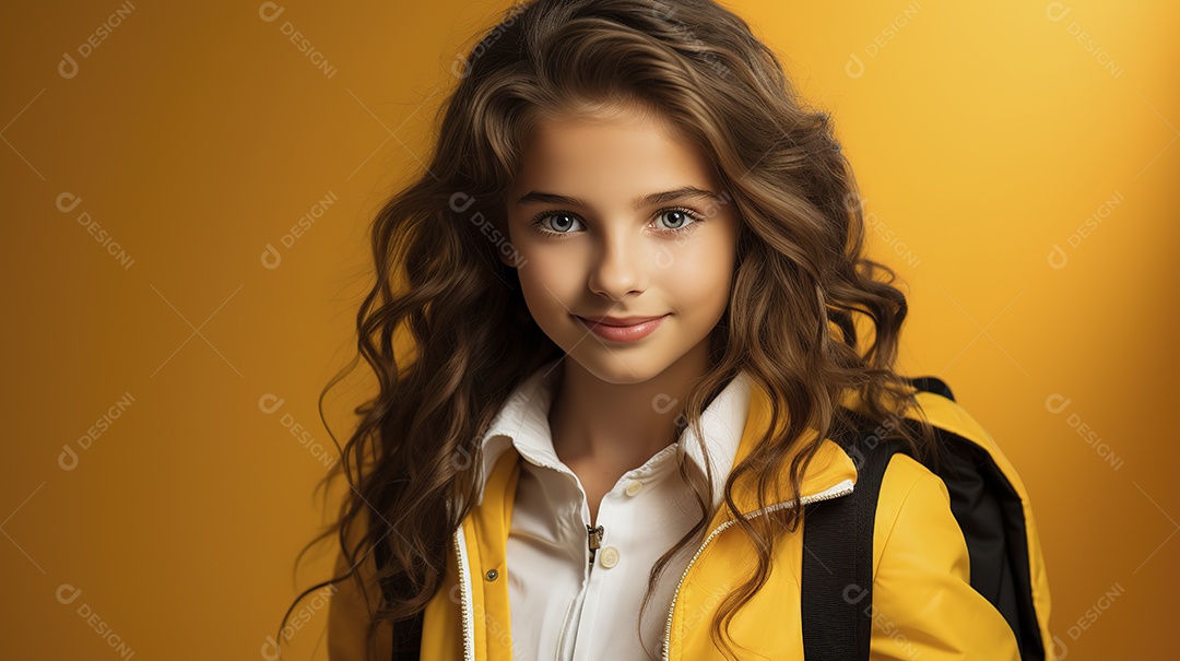 Linda garota estudante em fundo amarelo