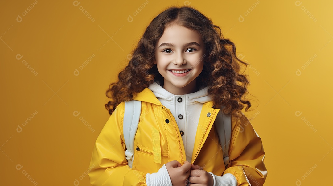Linda garota estudante em fundo amarelo