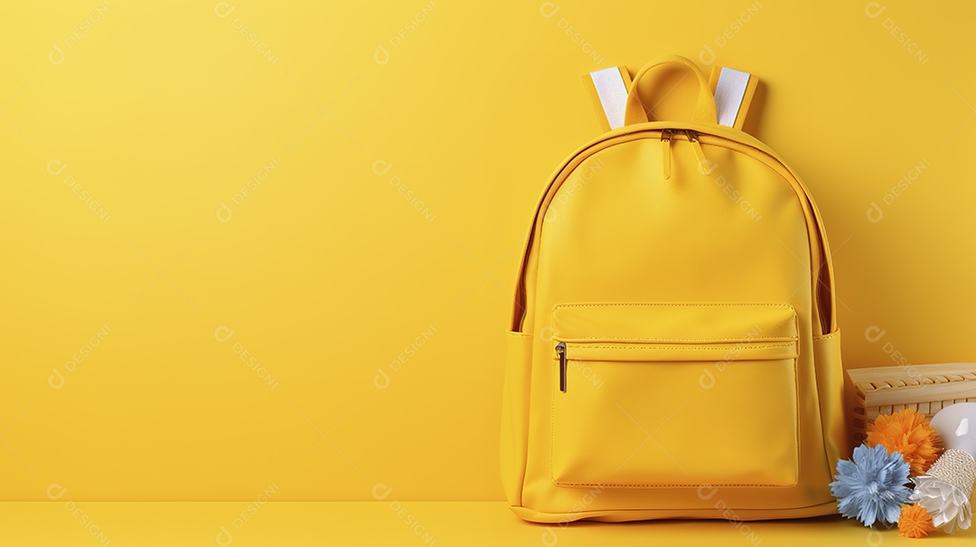 Mochila escolar em fundo amarelo